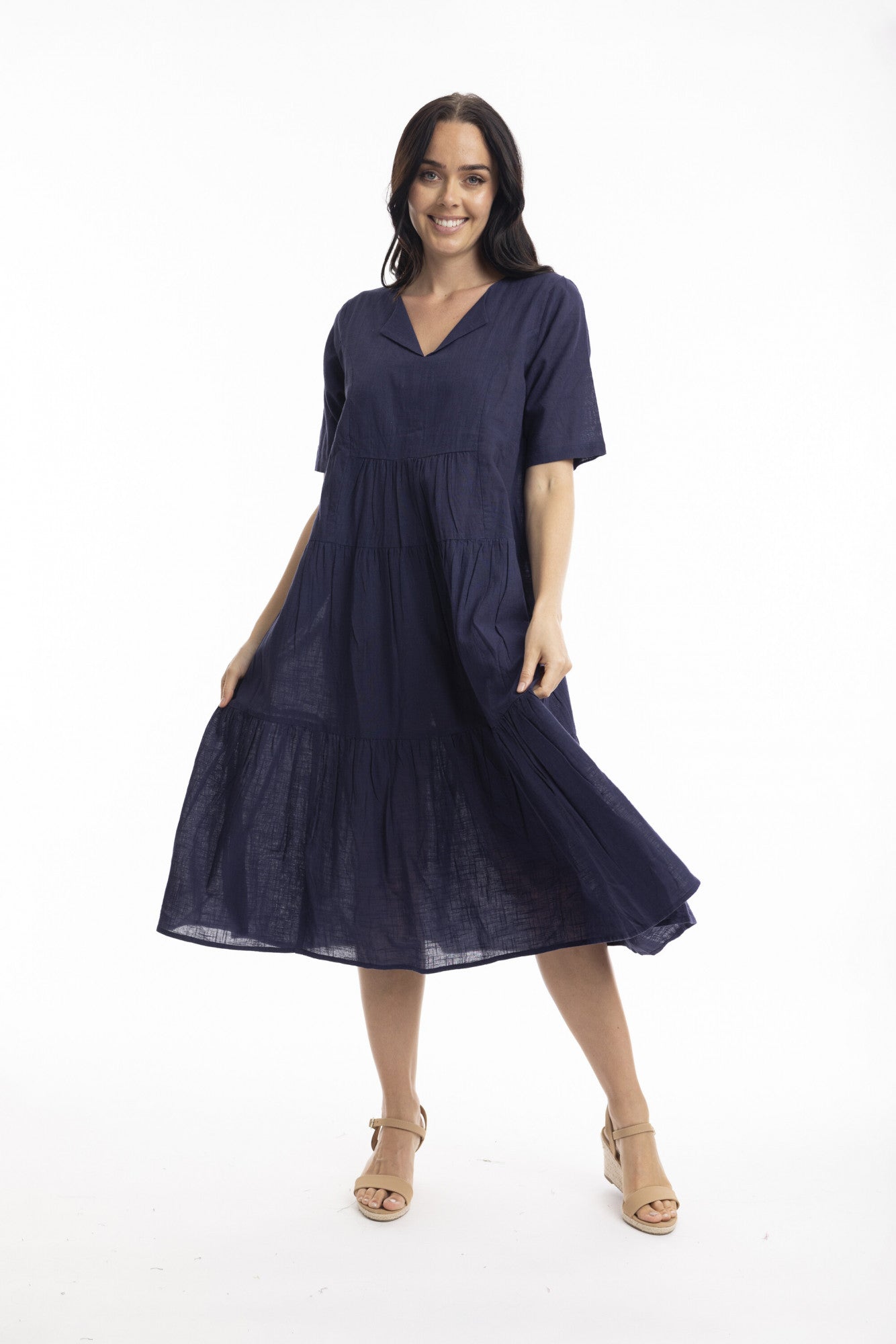 Orientique - Essentials Cotton Slub Layered Midi Dress - Navy