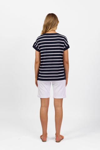 Vassalli - Drop Sleeve Crew Neck Top-Ink/White Stripe