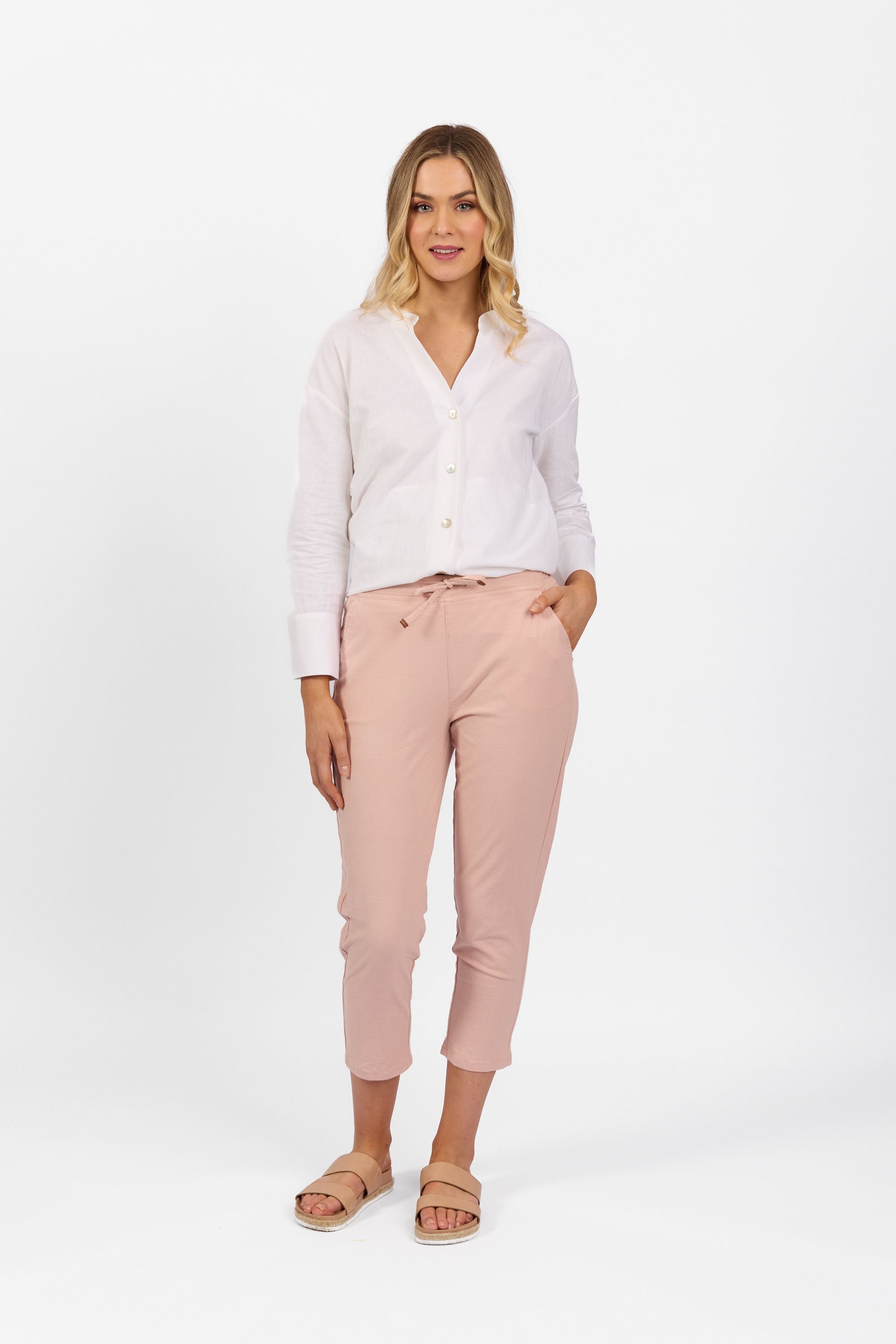 Vassalli - 7/8 Skinny Leg Elastic Waist Pants-Soft Pink