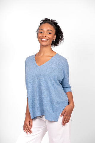 Bridge & Lord - V Neck 3/4 Sleeve Swing Top-Denim