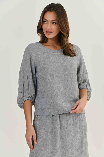 Naturals by O&J - Linen Bishop Sleeve Top-Black Gauze