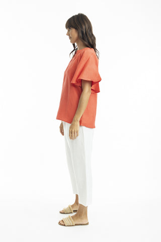 Orientique - Linen Mandarin Collar Top - Coral