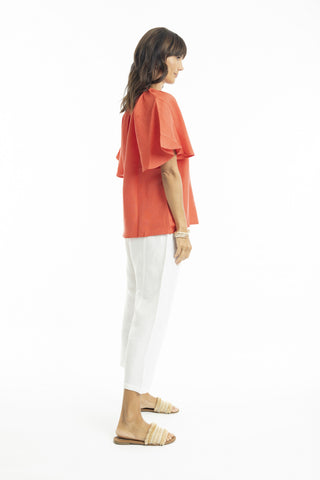 Orientique - Linen Mandarin Collar Top - Coral