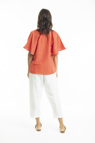 Orientique - Linen Mandarin Collar Top - Coral