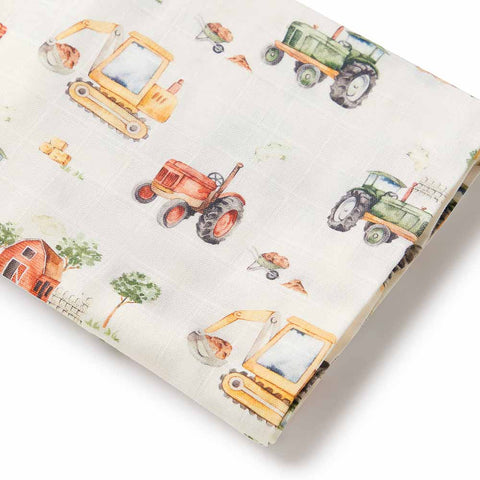 Snuggle Hunny - Diggers & Tractors Organic I Baby Muslin