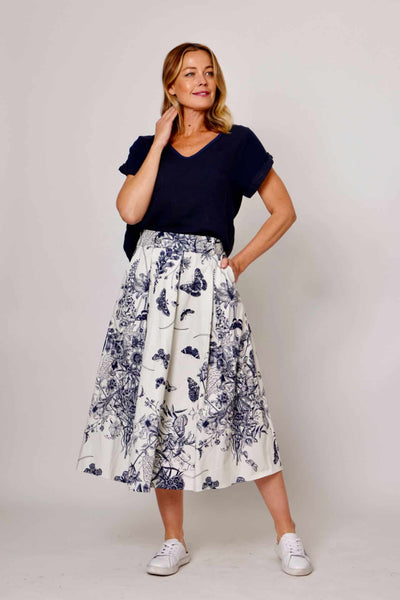 La Strada - Ivory/Navy Floral Butterfly Print Skirt