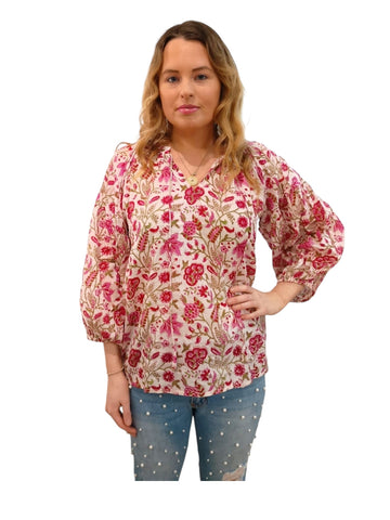 Melange - Floral Cotton Top - Red