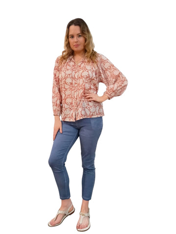 Melange - Floral Cotton Top With Front Opening - Beige