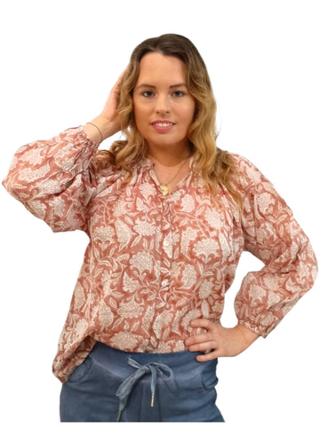 Melange - Floral Cotton Top With Front Opening - Beige