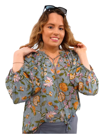 Melange -  Floral Cotton Top - Pale Blue