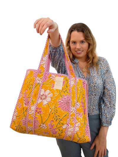 Melange - Handcrafted Floral Quilted Sturdy Tote Bag – Vibrant Yellow & Pink Print