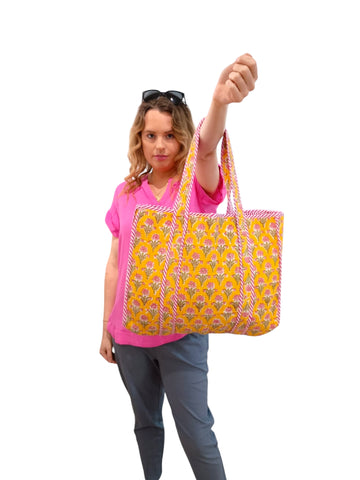 Melange - Handcrafted Sturdy Yellow Floral Tote Bag – Pink & Green Block Print