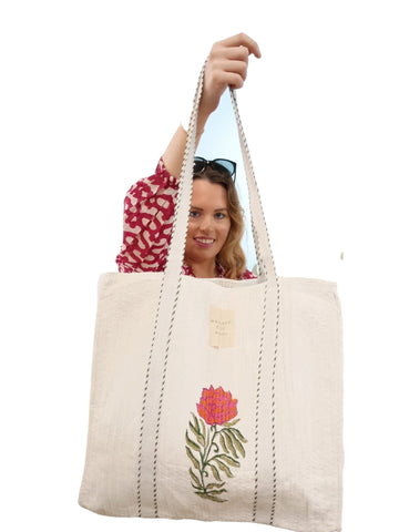 Melange - Handcrafted Sturdy Flower Tote Bag –  Double Side Block Print