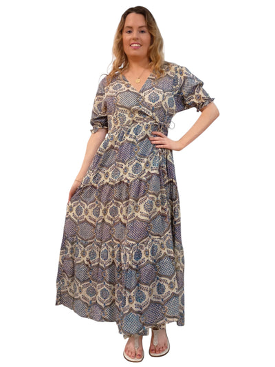 Melange - Indian Block Print Wrap Midi Dress - Blue/Beige