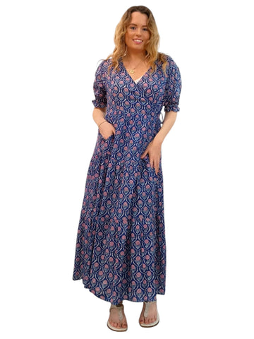 Melange - Boho Chic Paisley Wrap Maxi Dress – Blue & Pink Print