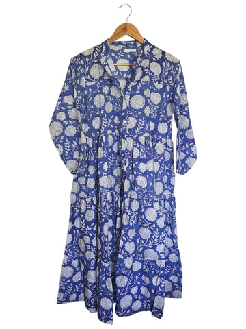 Melange - Indian Block Print Front Button Tiered Midi Dress - Blue Floral