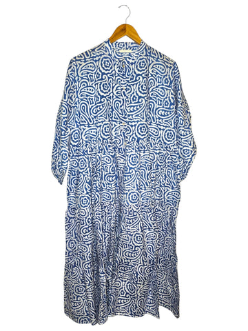 Melange - Indian Block Print Front Button Tiered Midi Dress - White/Indigo Abstract