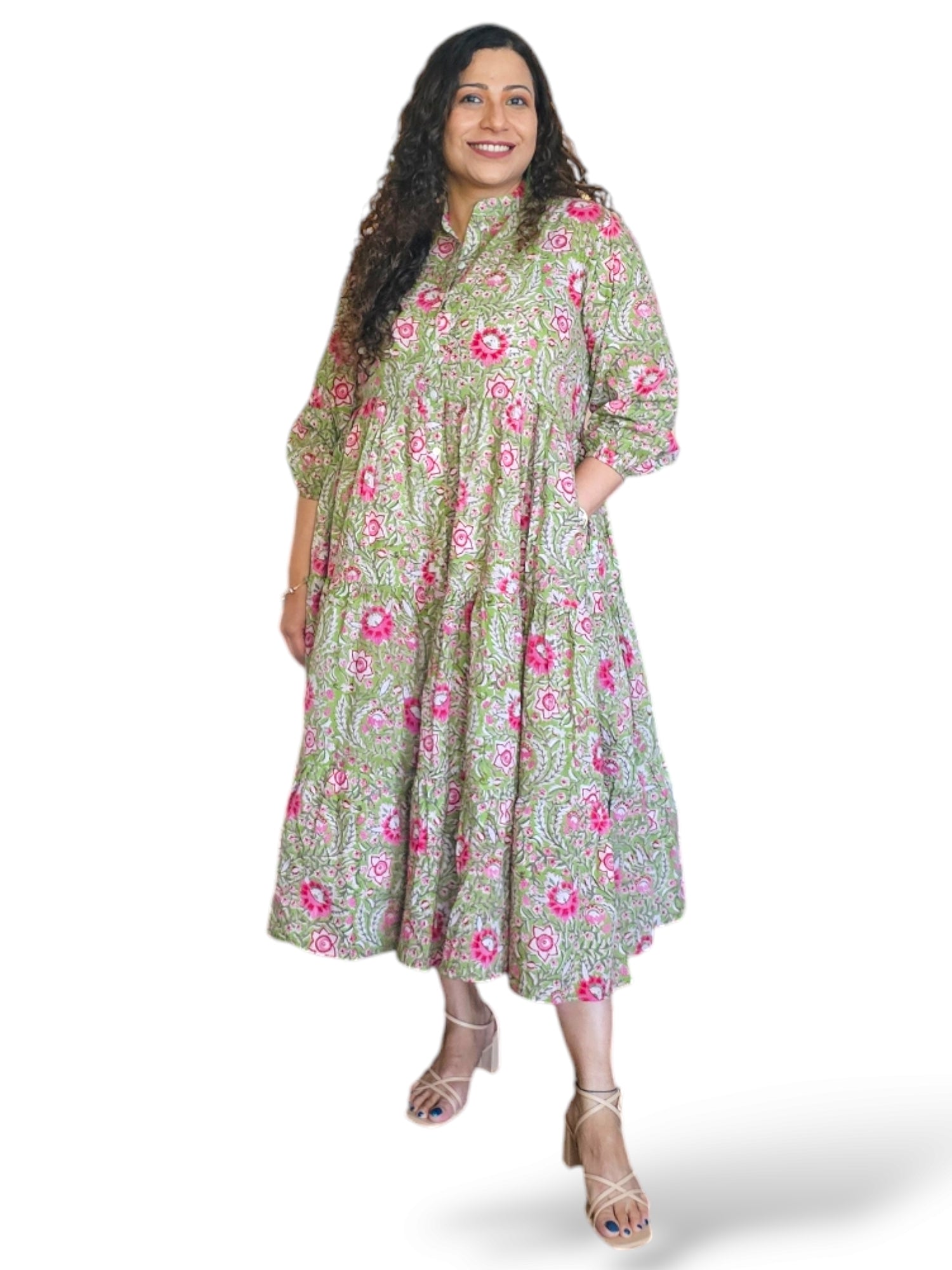 Melange - Indian Block Print Front Button Tiered Midi Dress - Sap Green/Pink Floral