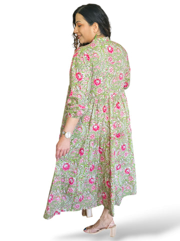 Melange - Indian Block Print Front Button Tiered Midi Dress - Sap Green/Pink Floral