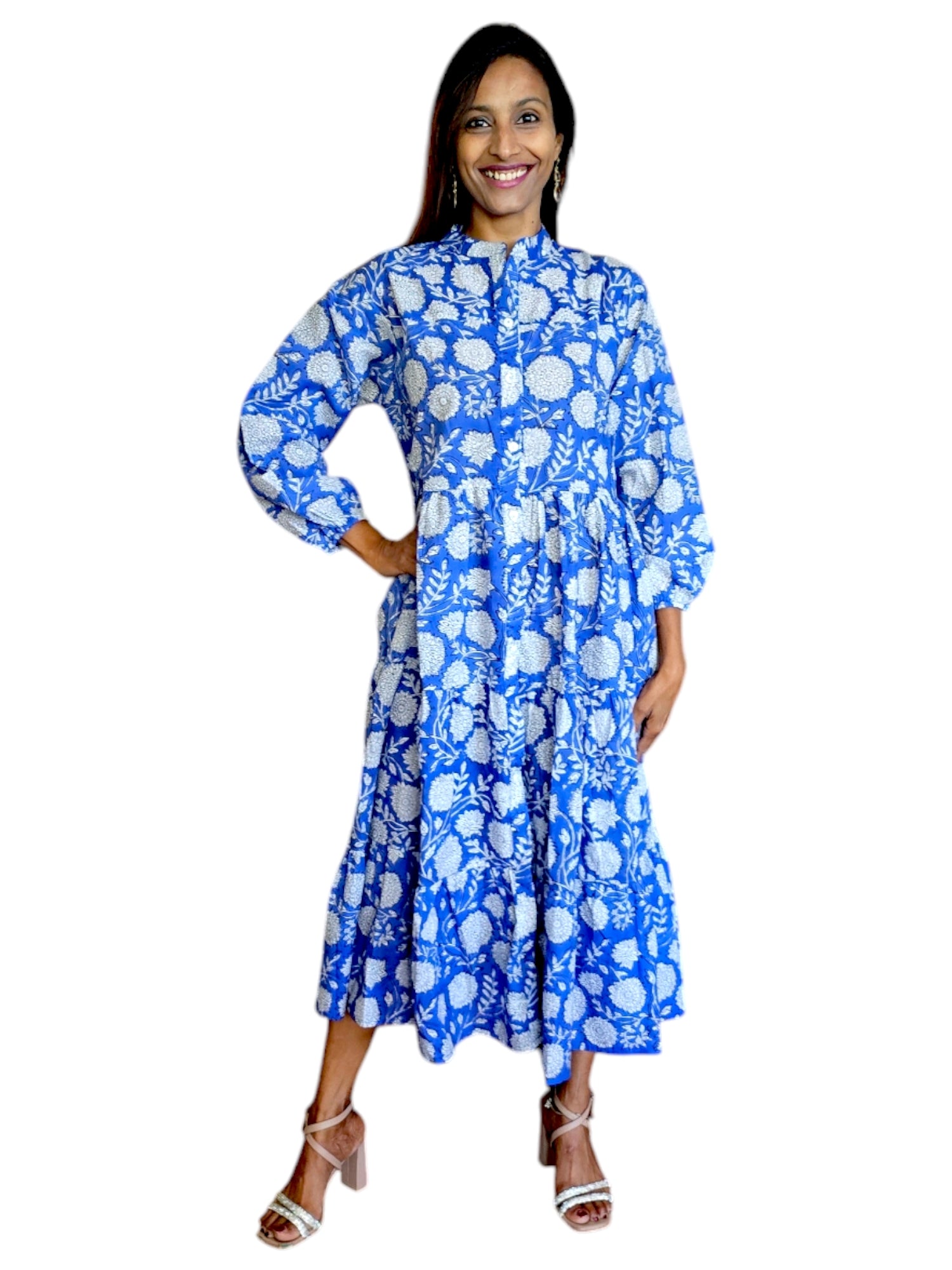 Melange - Indian Block Print Front Button Tiered Midi Dress - Blue Floral