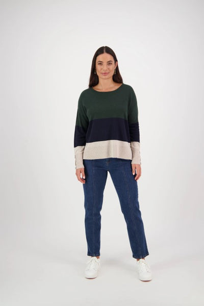 Vassalli - Round Neck Tri Stripe Jumper with Button Cuff Detail - Forest/Ink