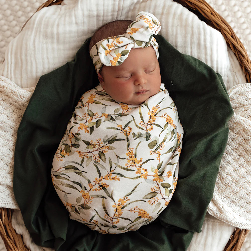 Snuggle Hunny - Golden Wattle Organic I Baby Swaddle Top Knot Set