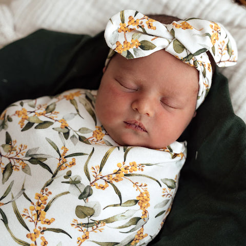 Snuggle Hunny - Golden Wattle Organic I Baby Swaddle Top Knot Set