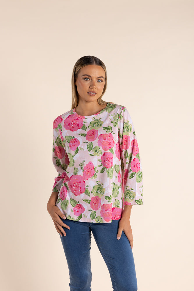 Two T's - Jersey 7/8 Sleeve Top Rose Print