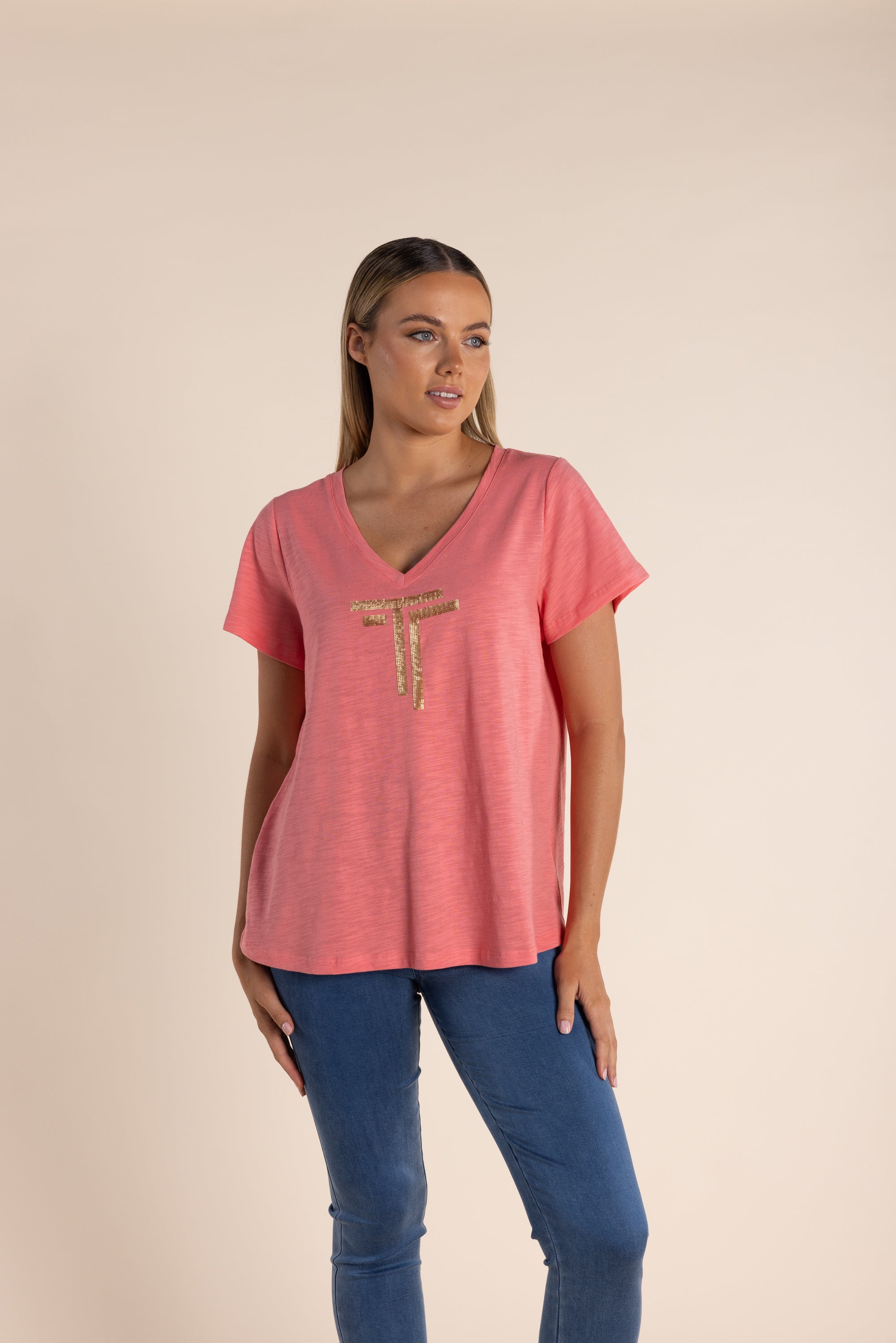 Two T's - Sequin Logo T-Shirt Coral/ Gold