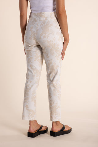 Two T's - 7/8 Pull On Leaf Print Pant-White/ Natural