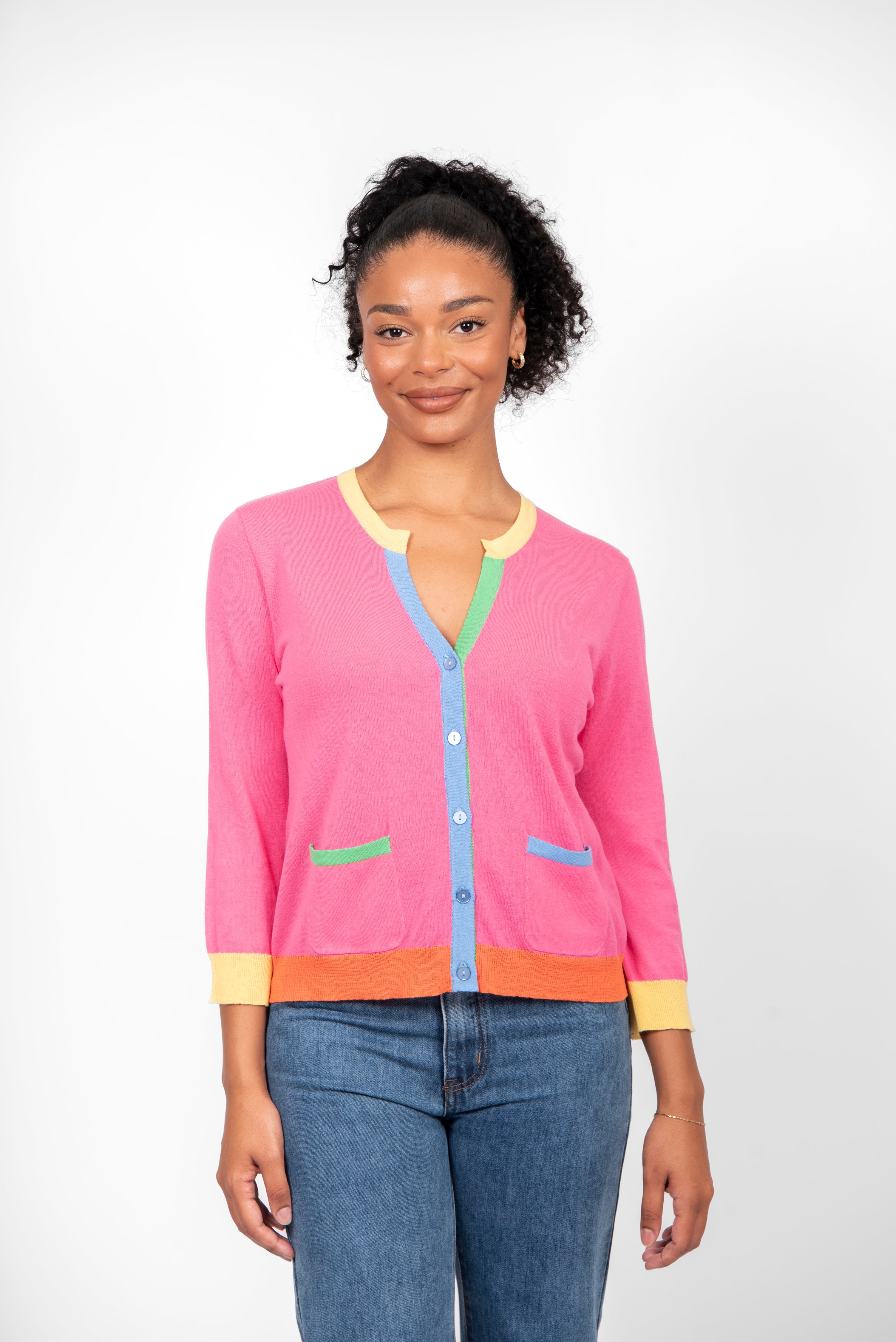 Bridge & Lord - Colour Block Trim Cardi-Pink Combo