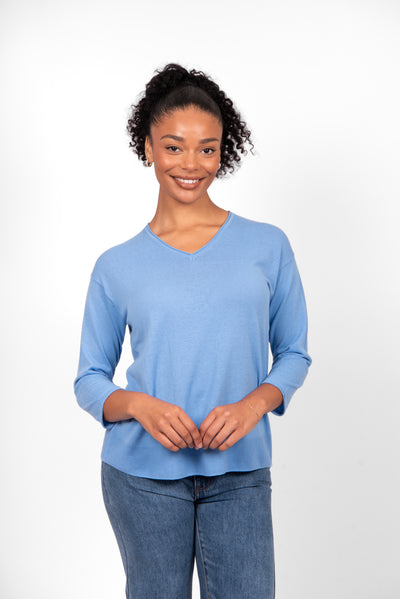 Bridge & Lord - V Neck 3/4 Sleeve Top-Cornflower