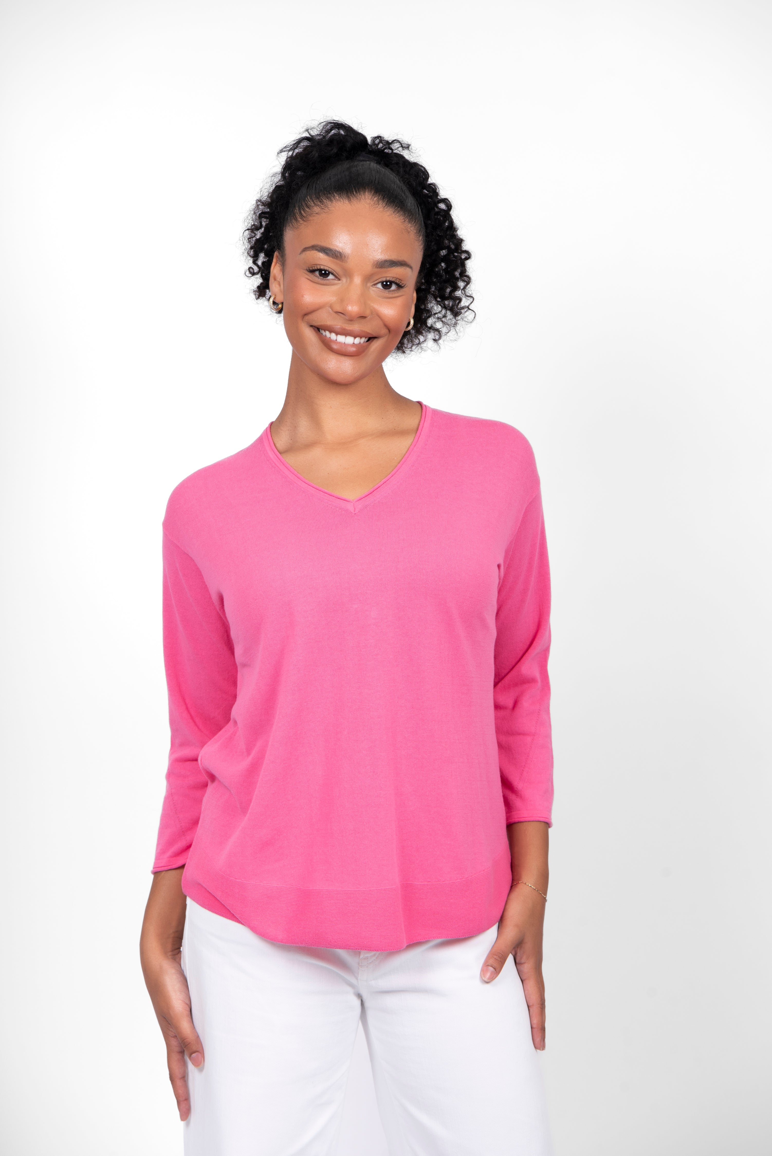 Bridge & Lord - V Neck 3/4 Sleeve Top-Pink