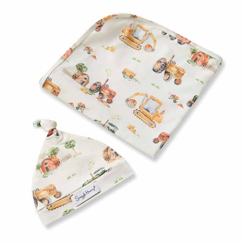 Snuggle Hunny - Diggers & Tractors Organic I Baby Jersey Wrap & Beanie Set