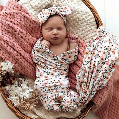 Snuggle Hunny - Spring Floral Organic I Baby Jersey Wrap & Top Knot Set