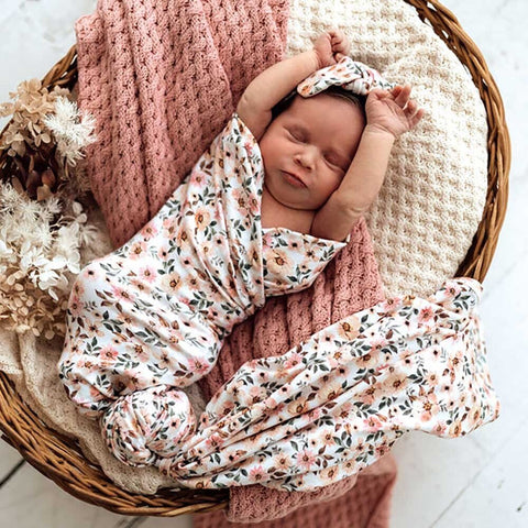 Snuggle Hunny - Spring Floral Organic I Baby Jersey Wrap & Top Knot Set