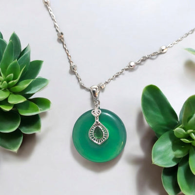 MCJewels - Green Jade & Sterling Silver Disc Pendant with Chain