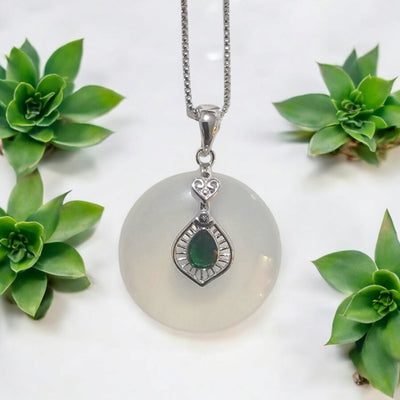 MCJewels - White Jade & Sterling Silver Disc Pendant with Chain