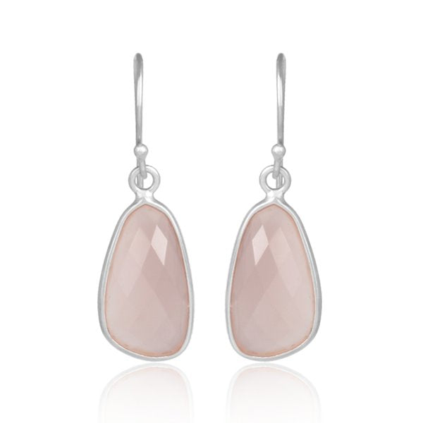 Rose Chalcedony Irregular Cut Hook Earring Sterling Silver with Rhodium Plate