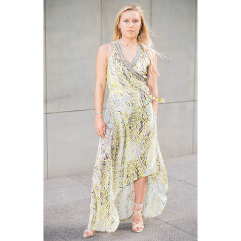 Yellow Silk Patterned Wrap Dress Long