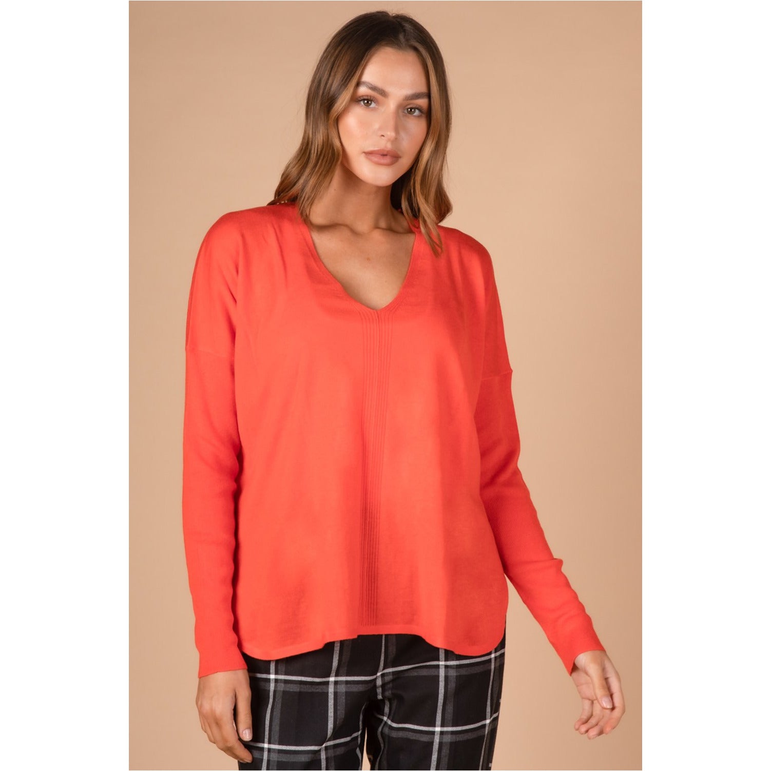 LD+Co - Scoop Hem V Neck Knit Fire